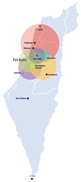 Coverage map of SERVERZ data centers across Israel